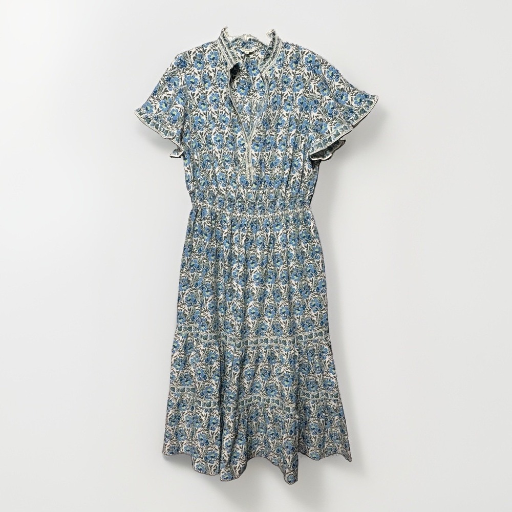 Max Studio London 1X Blue Floral Maxi Dress Flutter Sleeve Boho Prairie Tiered